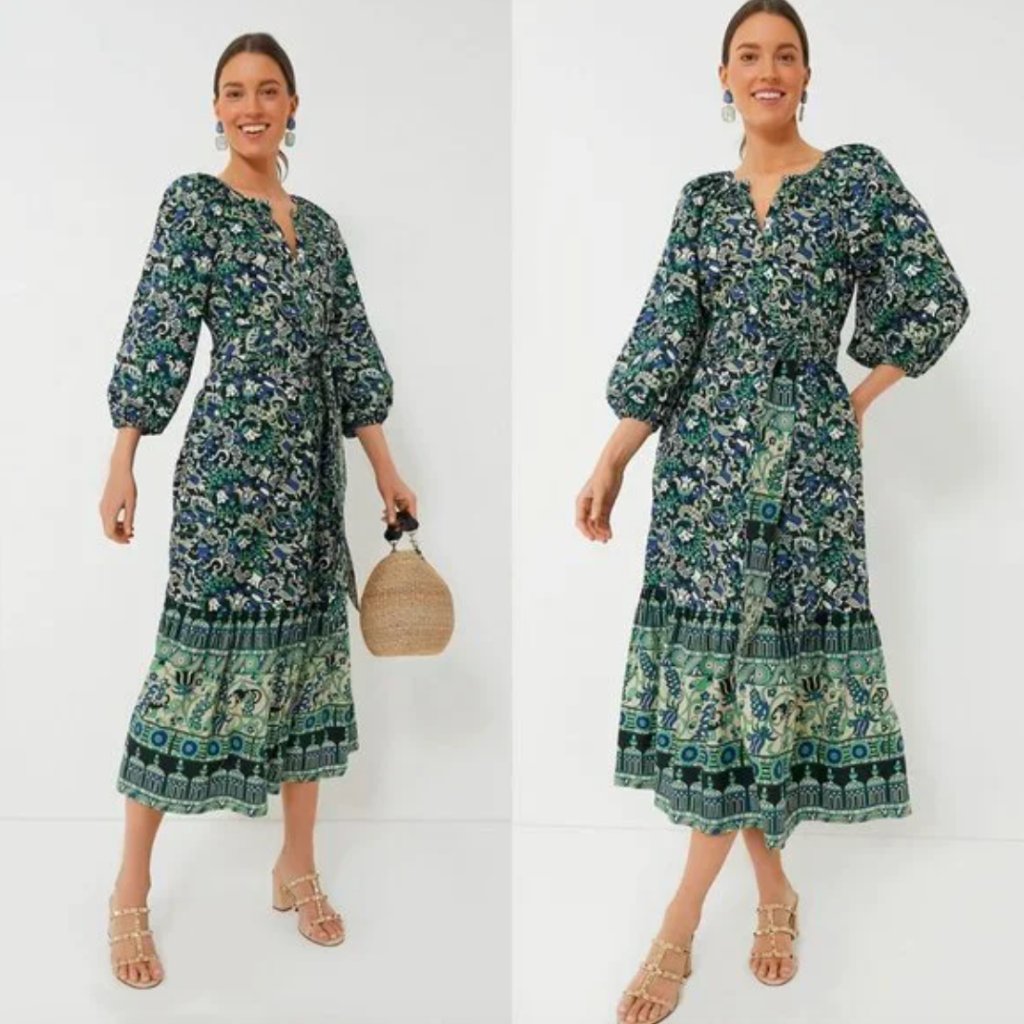 Tuckernuck Blue Green Batik Floral Lyles Puff Sleeve Midi Dress Small